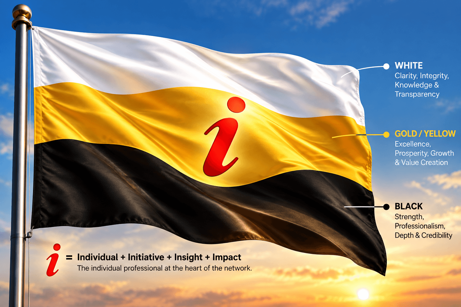IFP Network flag. White is clarity, integrity, knowledge and transparency. Gold is excellence, prosperity, growth and value creation. Black is strength, professionalism, depth and credibility. The red i is Individual, Initiative, Insight and Impact.